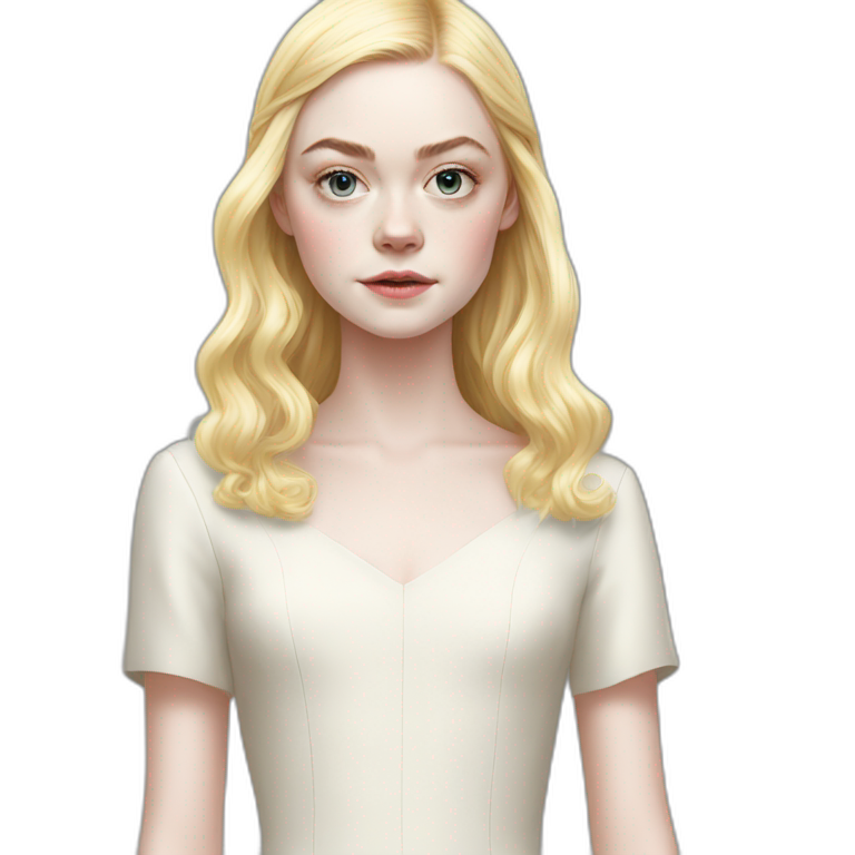 Elle Fanning with bare shoulder-length hair and a white dress, full ...