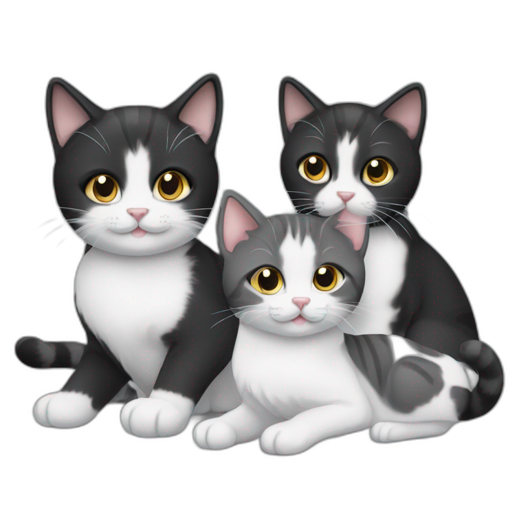 Family of 2 cats, a black one and 2 black and white | AI Emoji Generator