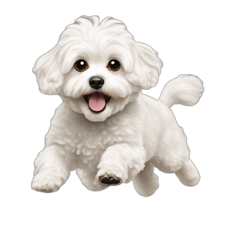 a white maltipoo flying with a purple rocket | AI Emoji Generator