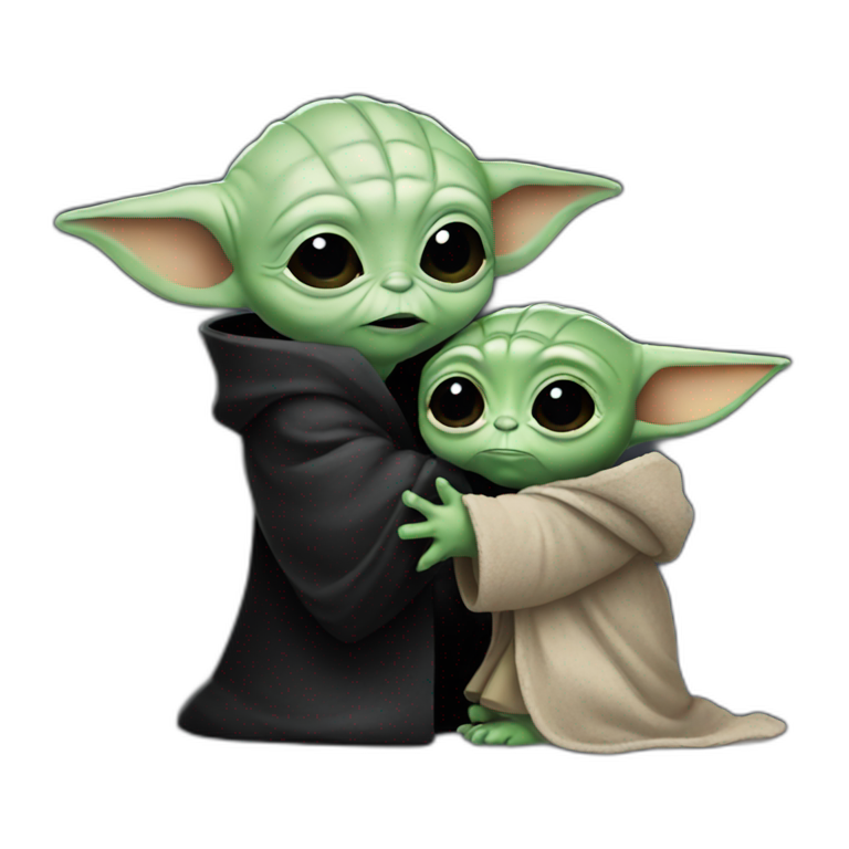 Orange cat with lightsaber and baby yoda hugging | AI Emoji Generator