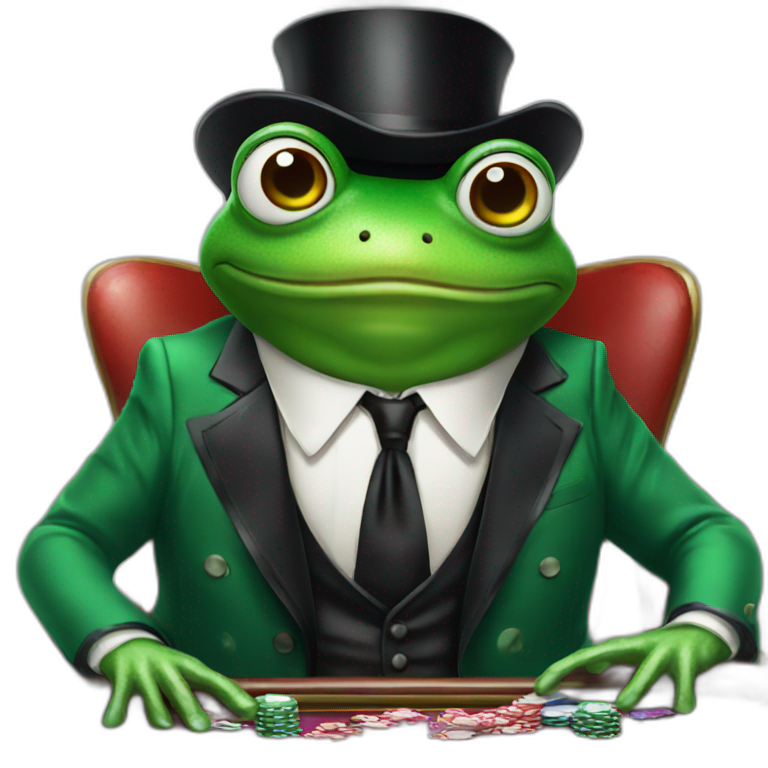 violet frog wearing tuxedo playing poker in casino | AI Emoji Generator