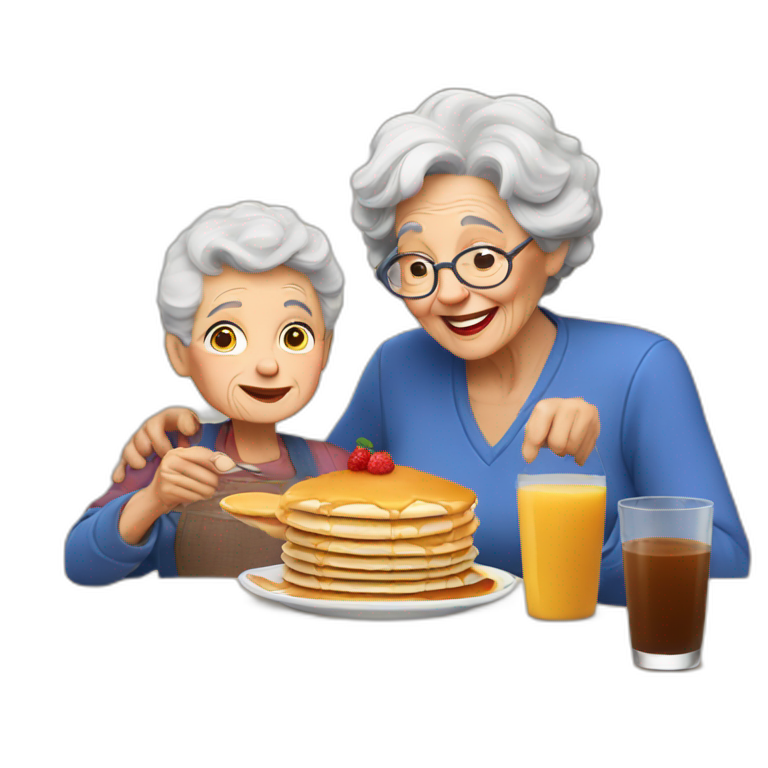 Granny eating pancakes with grandson | AI Emoji Generator