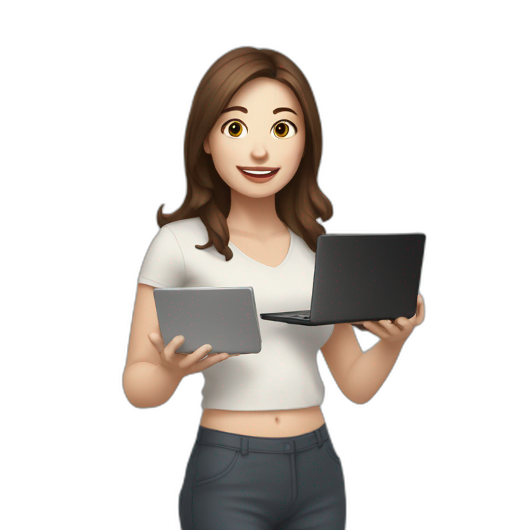 Woman With Pale Skin And Long Brown Hair Behind A Computer Juggling With Coffee Cups Ai Emoji 5027