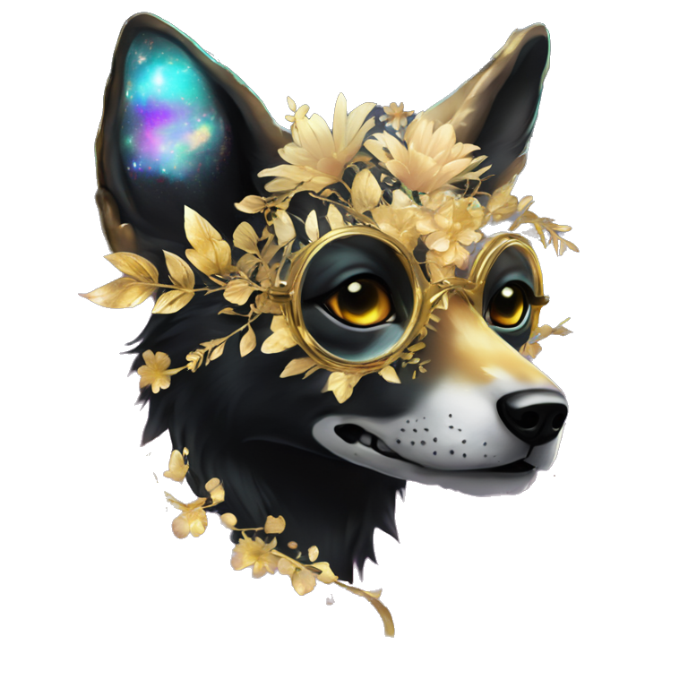 Black iridescent fluffy dog fox head zombie skeleton gold mechanical ...