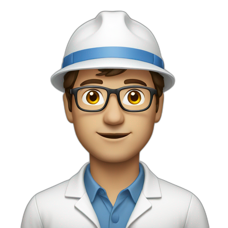 Engineer, white hard hat, pale skin tone, dark brown Hair, glasses