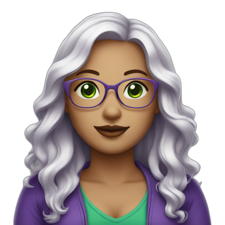 White Curvy Woman Purple Long Wavy Hair Green Eyes Square Glasses Ai Emoji Generator 9997