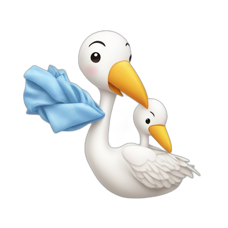 stork delivering a white human baby boy in fabric held in its beak you