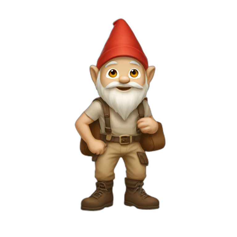 side view of gnome with light tan pants squatting above tiny brown log ...