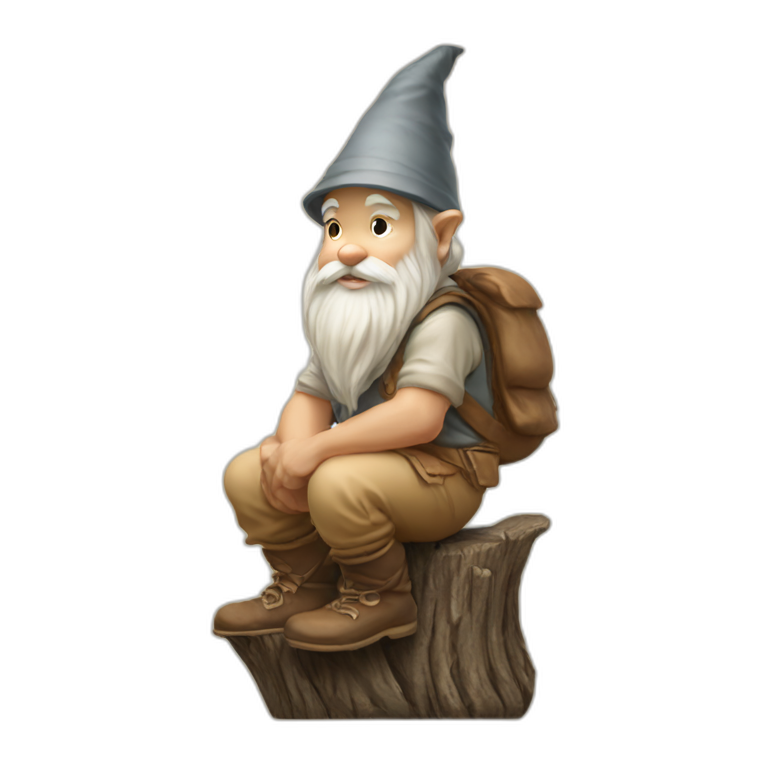 Side View Of Gnome With Light Tan Pants Squatting Above Tiny Brown Log