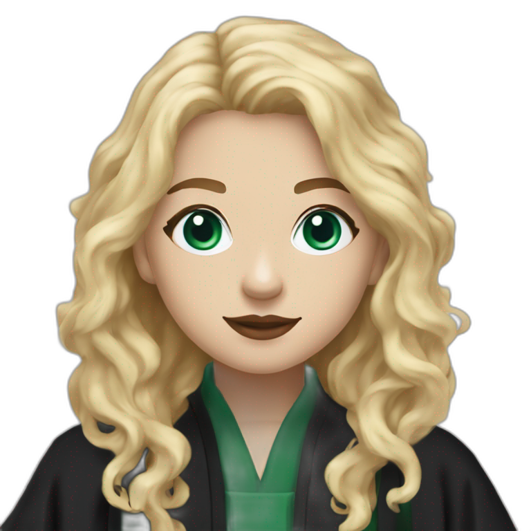 Girl Blue eyes Slytherin robe with short wavy ash blonde hair eating ...