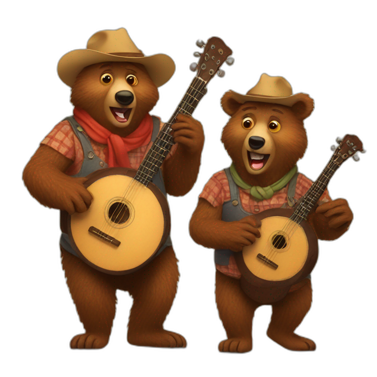 Family Of Country Bears Playing Banjos Around A Fire | AI Emoji Generator