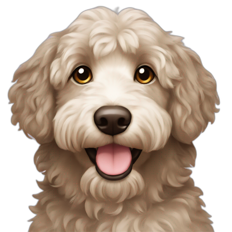 A brown and white aussiedoodle with green eyes | AI Emoji Generator