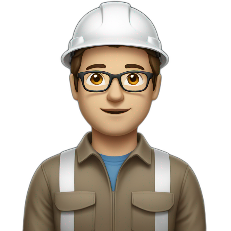 Engineer, white hard hat, light skin tone, dark brown Hair, glasses