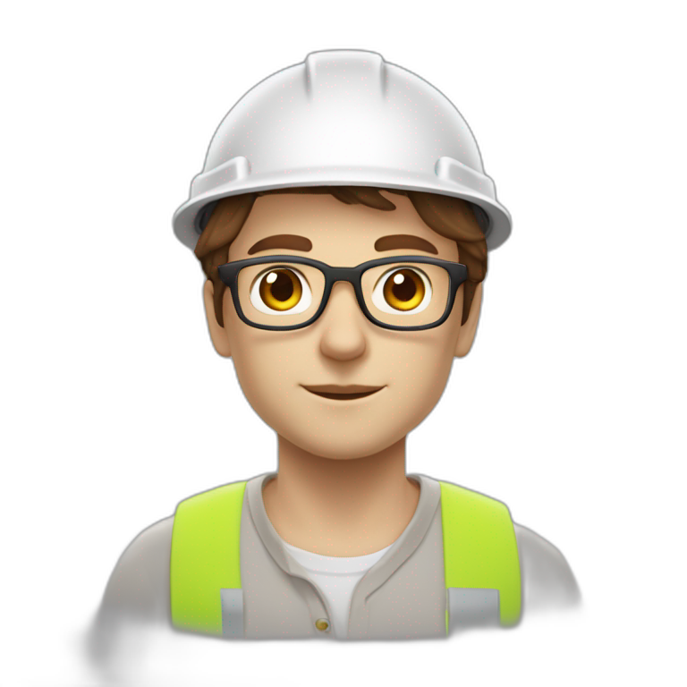 Engineer, white hard hat, pale skin tone, dark brown Hair, glasses