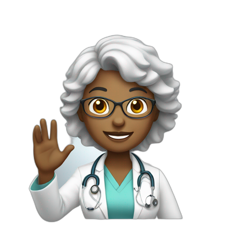 female african middle aged doctor waving and smiling | AI Emoji Generator