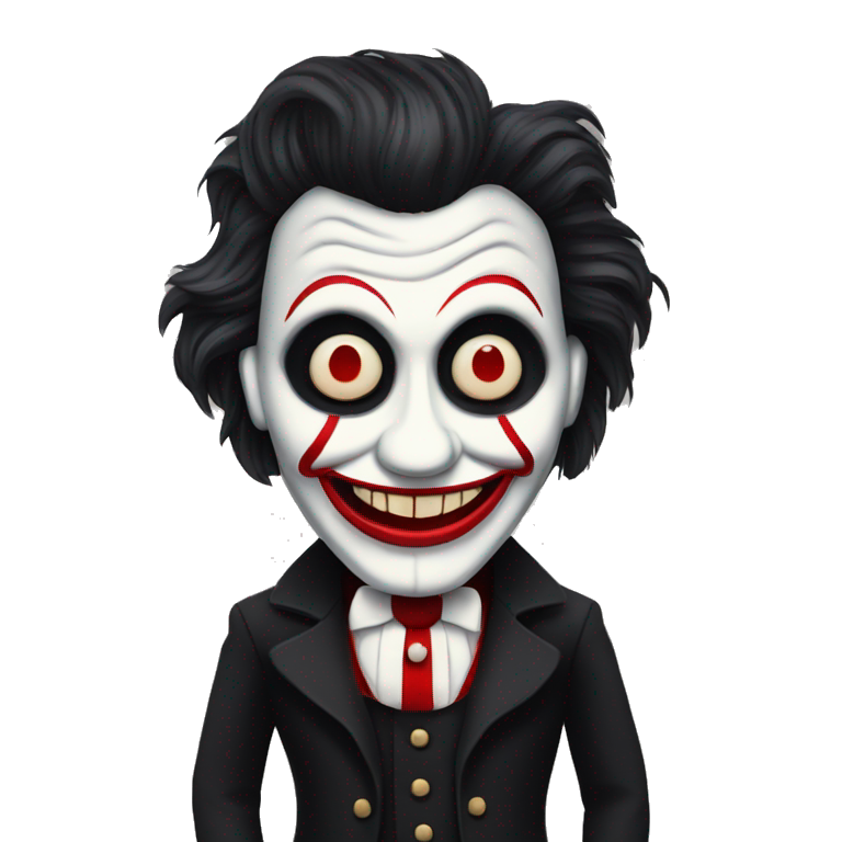 Billy the puppet from saw with spiral on the cheeks | AI Emoji Generator