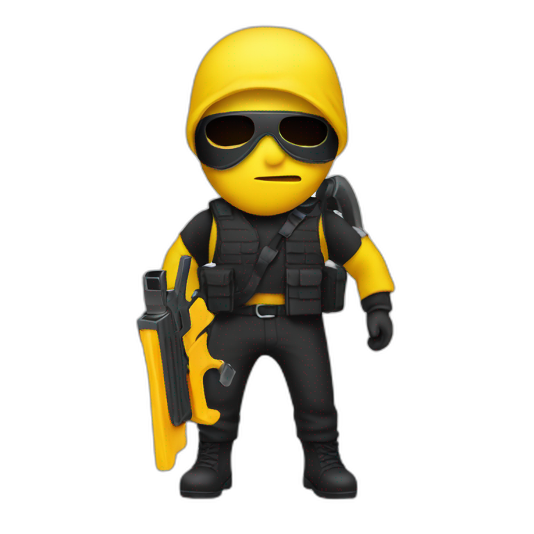 person that looks like a robber with a black watergun with yellow skin