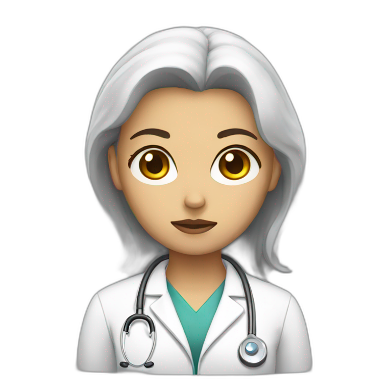 A blonde female doctor face, happy, oblique view | AI Emoji Generator