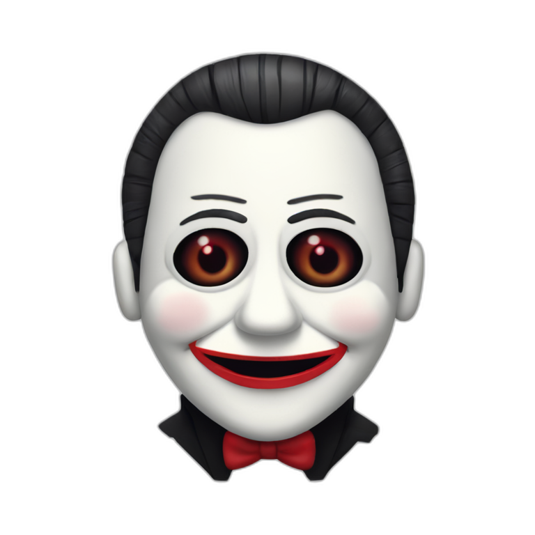 Billy the puppet from saw with spiral on the cheeks | AI Emoji Generator