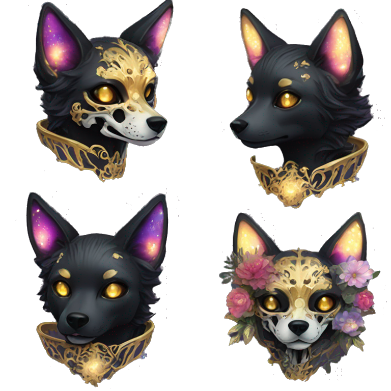 Black iridescent fluffy dog fox head zombie skeleton gold mechanical ...