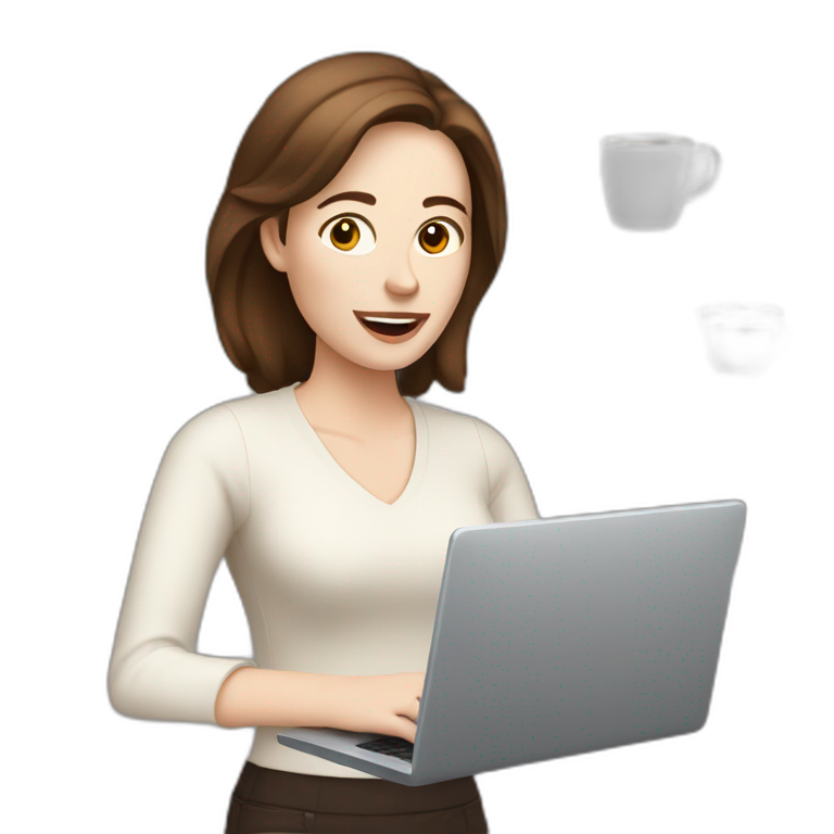 Woman With Pale Skin And Long Brown Hair Behind A Computer Juggling With Coffee Cups Ai Emoji 2243