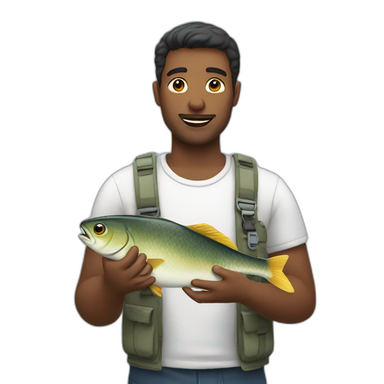 ocean sunset, boy holding fish | AI Emoji Generator