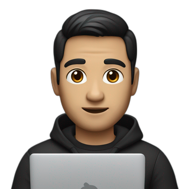 memoji of a male with a laptop in front,apple-style,modern,black hair ...